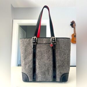 Coach Women's Wool Tote Herringbone Gray Black Leather Handbag Red Lining
